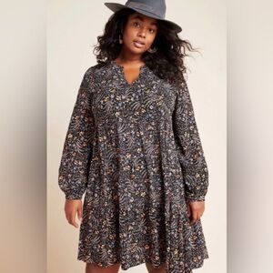 Maeve Anthropologie Amber Tiered Tunic Dress XL Boho Floral Long Sleeve Viscose